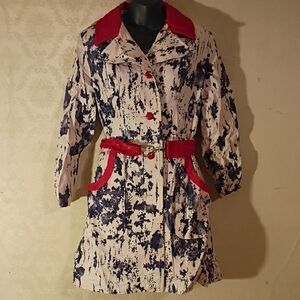 Vintage Women's Trench? Style Coat with Red Accents. Unsure Of Size.